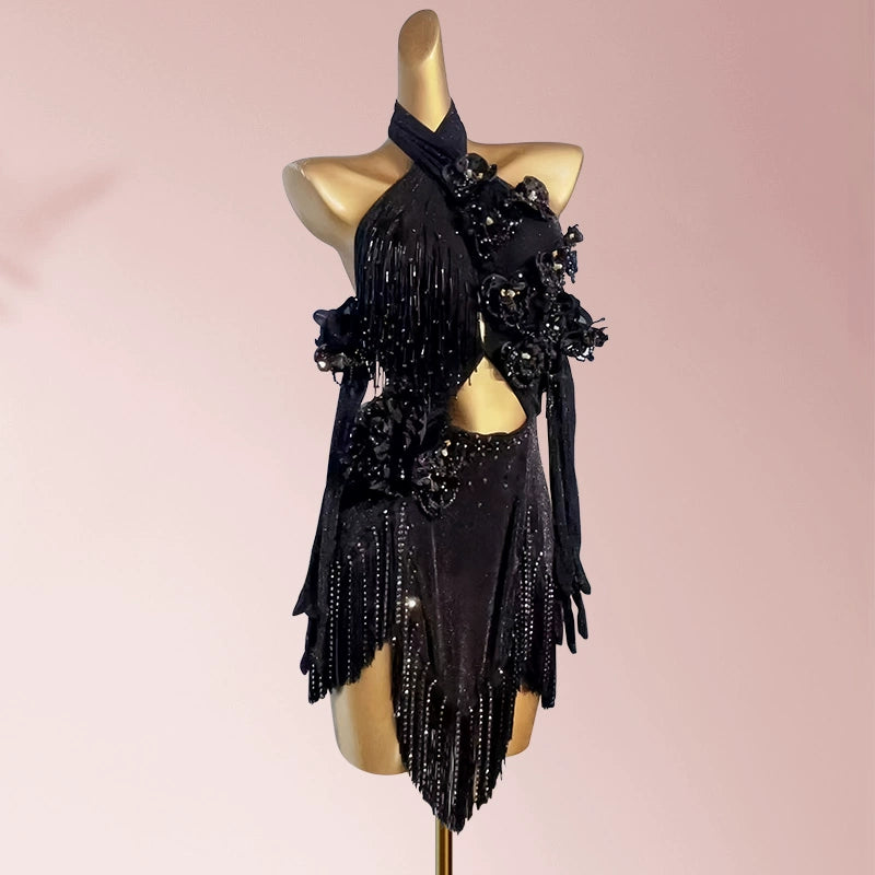 Custom size competition Latin dance dresses for women girls kids wine blue black bling fringe solo flower costume - Moderndancedress.com