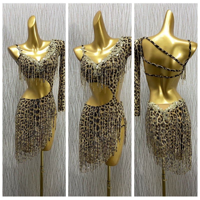 Custom Size Leopard Bling Latin Dance Dress Fringe Salsa Chacha Blackpool Competition Clothing