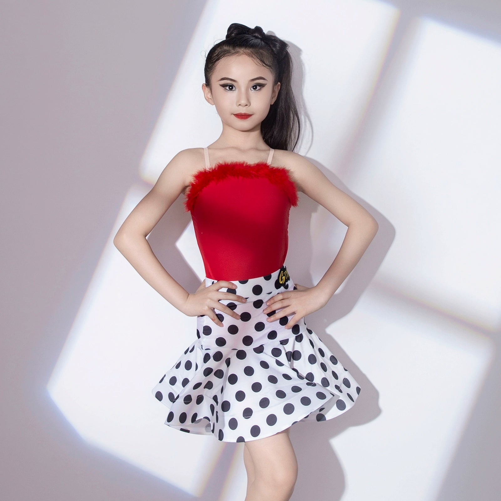 Children Red feather white polka dot  Latin Dance dresses for girls ballroom salsa rumba chacha dance costumes Swinging Latin Training Suit - Moderndancedress.com