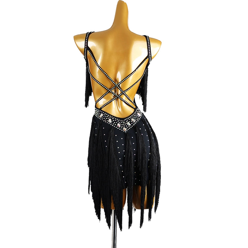 Competition Latin dance dress for women young girls yellow black tassels bling salsa rumba chacha solo performance clothing - Moderndancedress.com