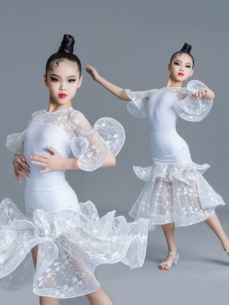 Children' Girls White Pink Green Lace Ballroom Dance Dresses for Kids Waltz Ballroom Tango Dance Competition Performance Clothes - Moderndancedress.com