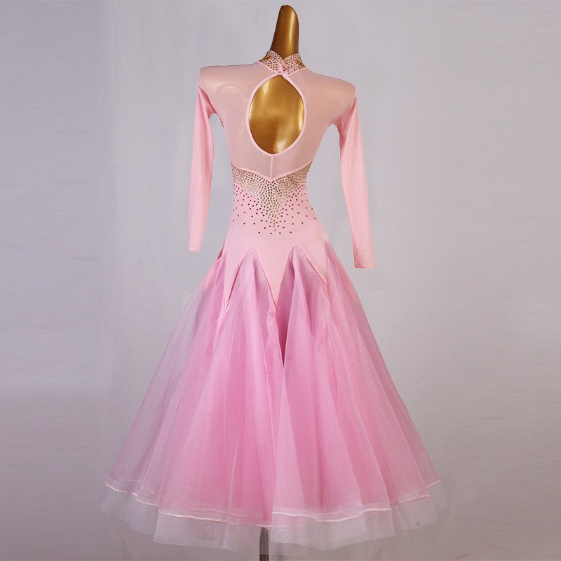 Pink Diamond competition ballroom dance dress for women girls long sleeves ballroom dancing costumes foxtrot tango waltz dance dress - Moderndancedress.com