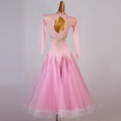 Pink Diamond competition ballroom dance dress for women girls long sleeves ballroom dancing costumes foxtrot tango waltz dance dress - Moderndancedress.com