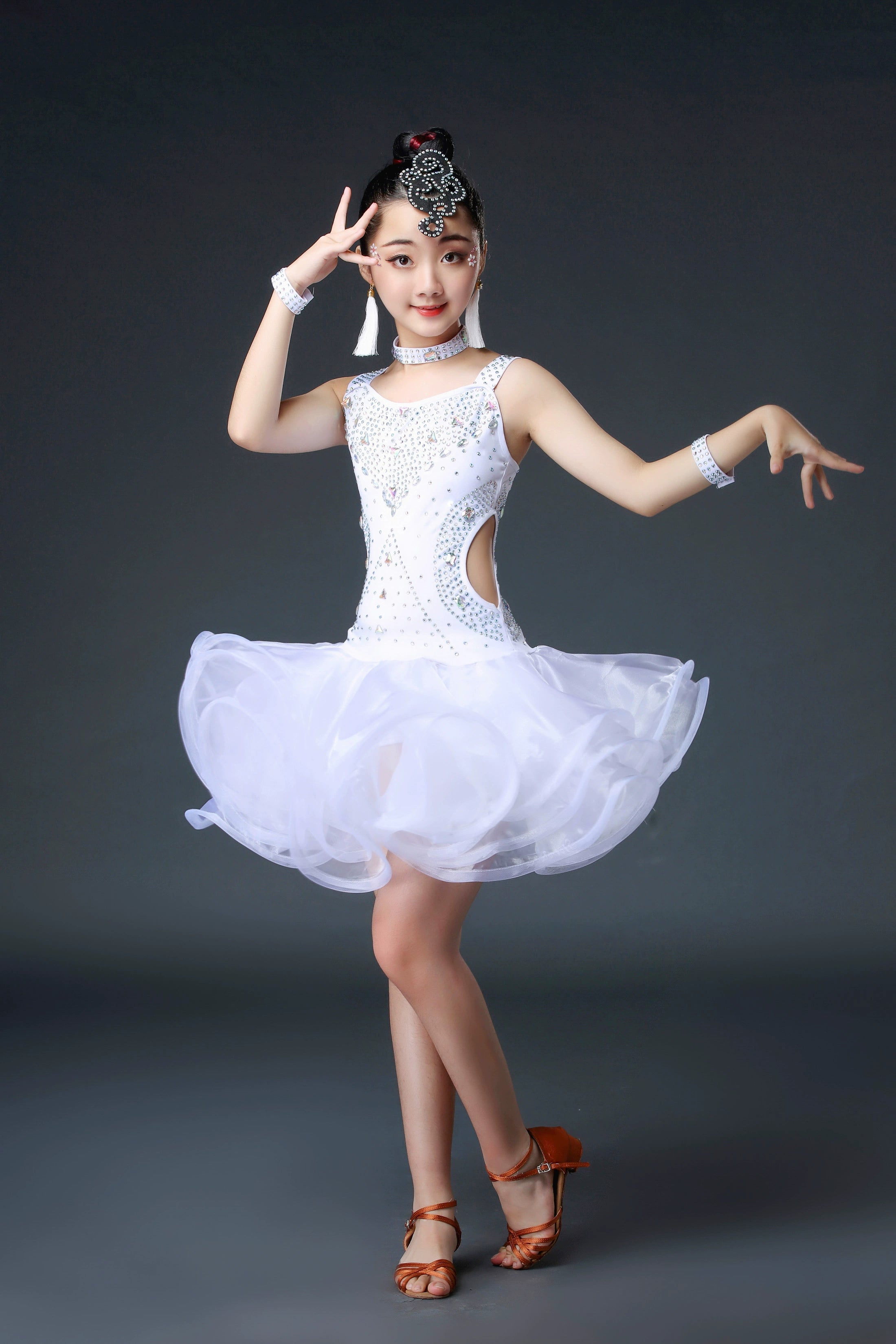 Competition Latin Dance Dresses for Kids Girls Orange White Red Neon Green Rhinestones Competition Grade Salsa Chacha Party Performance Outfits for Kids - Moderndancedress.com