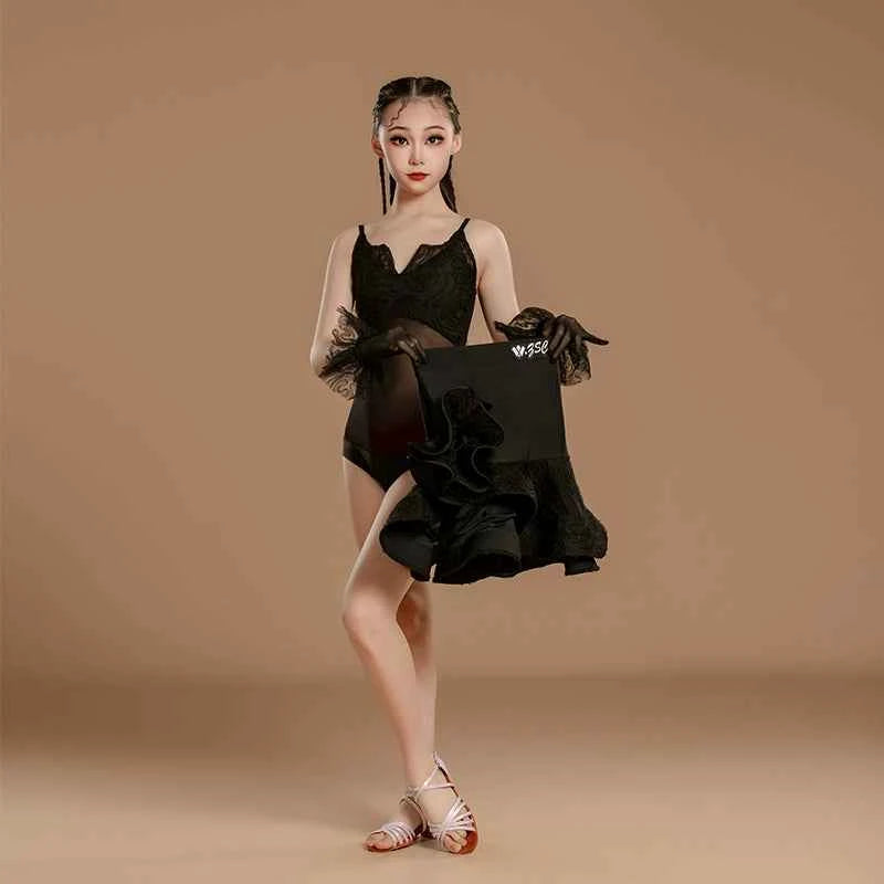 Girls Latin Dance Dresses Black Purple Asymmetrical Skirts Salsa Rumba Dance Costumes for Kids