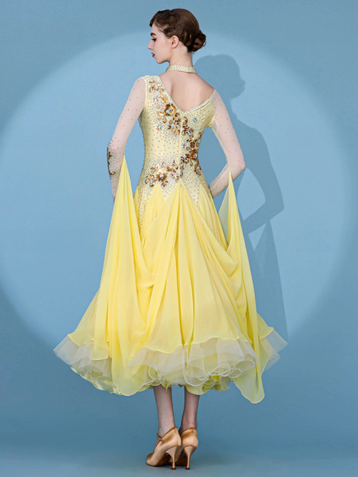 Custom size yellow competition ballroom dance dresses for women girls kids gemstones senior waltz tango foxtrot smooth dance gown - Moderndancedress.com