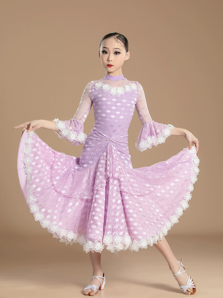 Purple lace Modern Ballroom dance dresses for girls kids children Waltz ballroom tango Practice Clothes Training Dance Skirts for girl - Moderndancedress.com