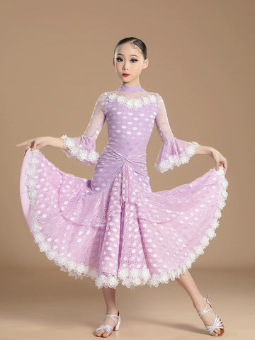 Purple lace Modern Ballroom dance dresses for girls kids children Waltz ballroom tango Practice Clothes Training Dance Skirts for girl - Moderndancedress.com