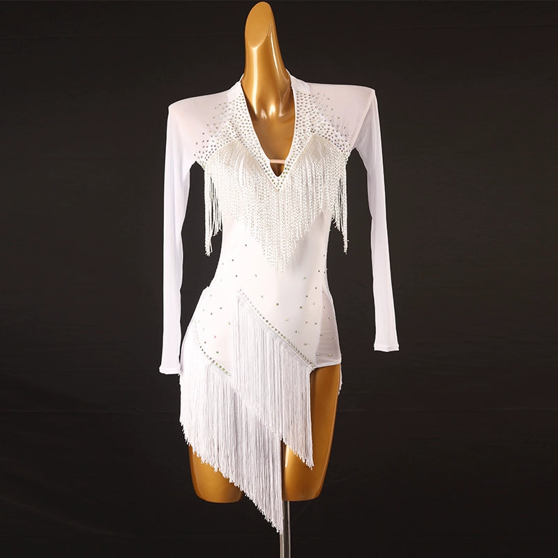 Black White Tube Bead Fringe Latin Dance Competition Dresses for Women Girls Salsa Rumba Chacha Performance Costumes Irregular Skirts - Moderndancedress.com