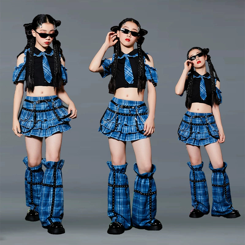 Girls Jazz Street Dance Costume Blue Green Plaid Hiphop Rapper Singers Stage Performance Outfits Model Show Photos Shooting Party Trendy Clothes for Kids - Moderndancedress.com