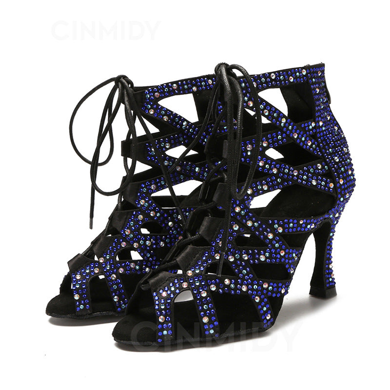 Competition blue black bling Latin dance shoes for women girls soft soles jazz ballroom salsa rumba chacha dance high heel sandals - Moderndancedress.com