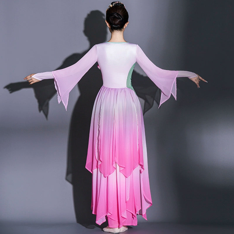 Pink Chinese folk Classical dance costume for women girls festival fairy lotus  umbrella fan dance dresses yangko perform wear - Moderndancedress.com