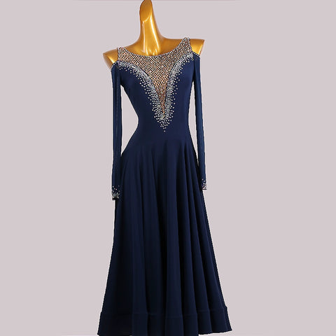 Custom Size Handmade Competition Navy Ballroom Dance Dresses for Women Girls Hollow Shoulder Waltz Tango Foxtrot Smooth Dance Long Gown for Female - Moderndancedress.com