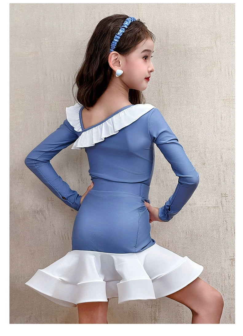 Girls Latin Dance Dresses Blue Slant Neck Children's Latin Dance Clothes Salsa Dance Costumes for Kids