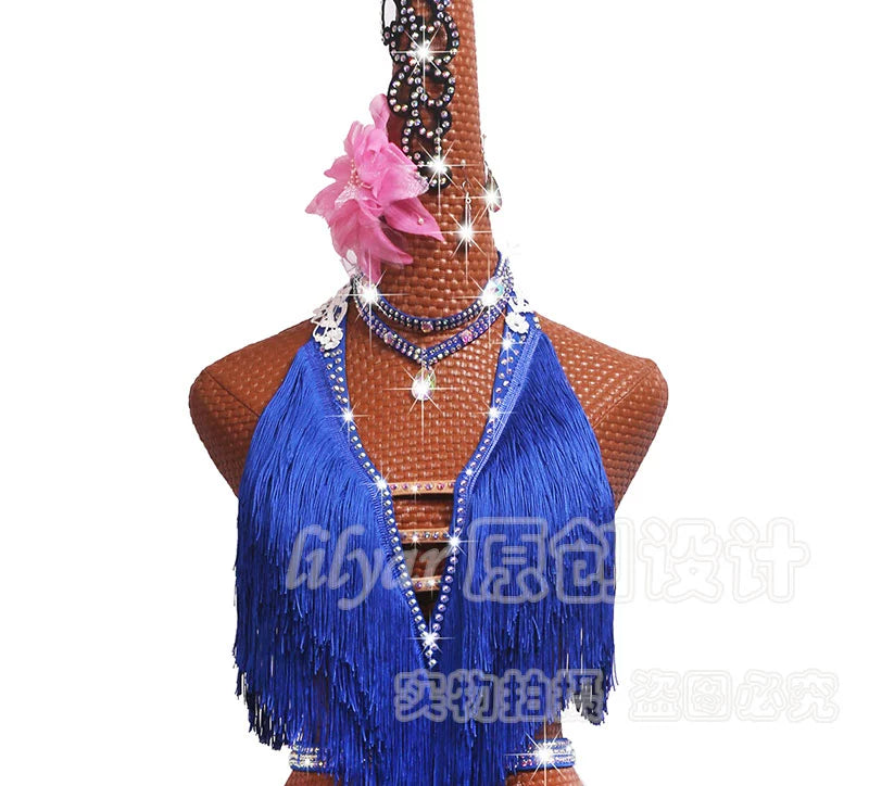 Women's Latin Dance Dresse Latin dance match dress performance dress performance Dress Dance Dress inspiration adult female treasure blue fringe Dress - Moderndancedress.com