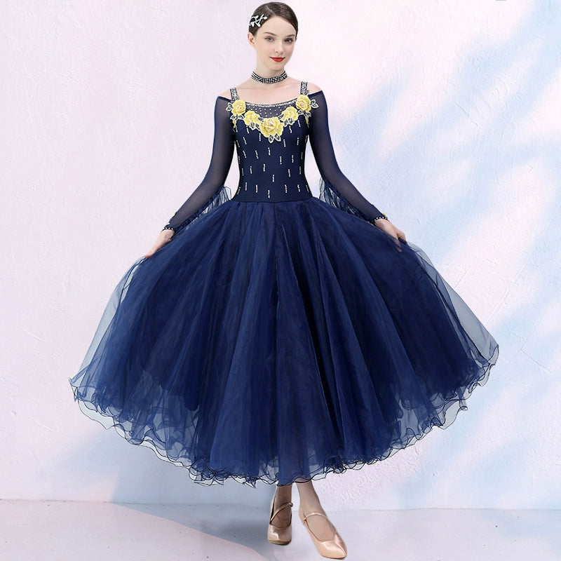 Women Navy Ballroom Dance Dresses with Flowers Waltz Tango Foxtrot Smooth Dance Swing Skirts Party Ball Dance Long Gown