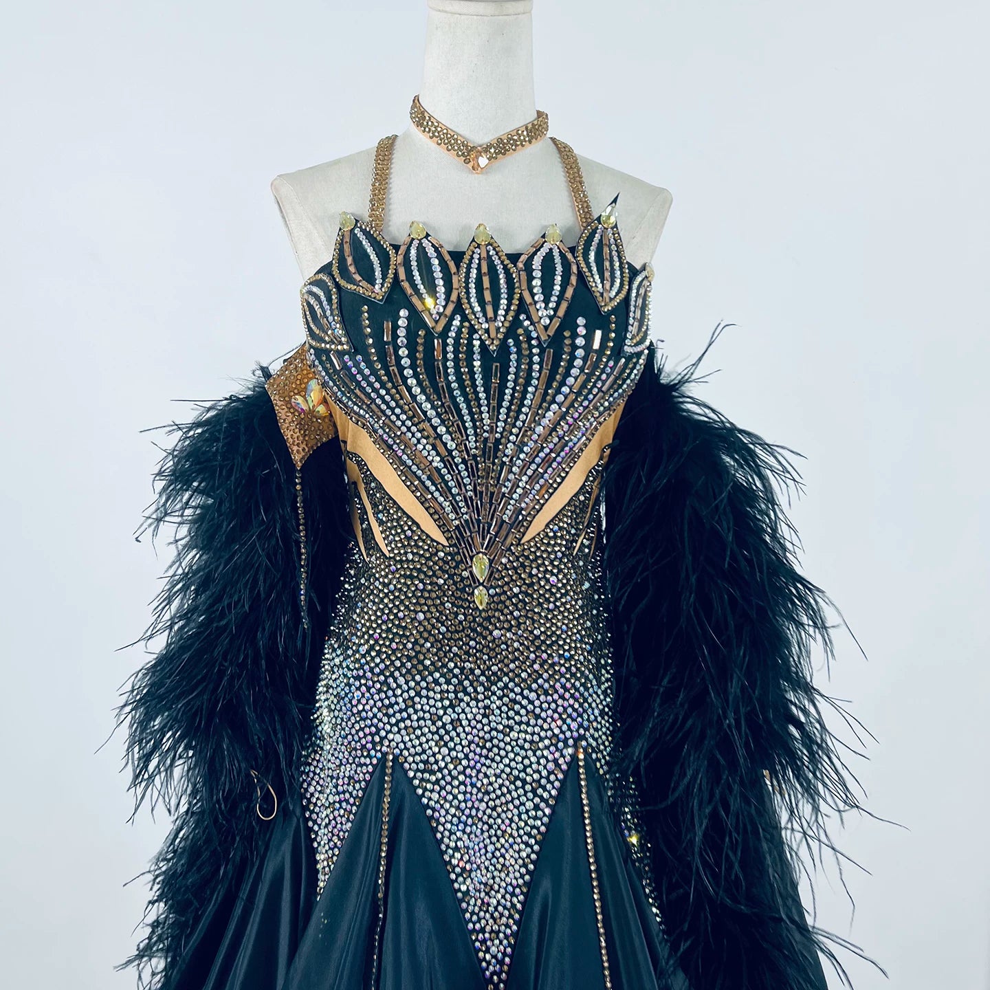 Custom Size Black & Gold Competition Ballroom Dance Dress with Feathers & Crystals