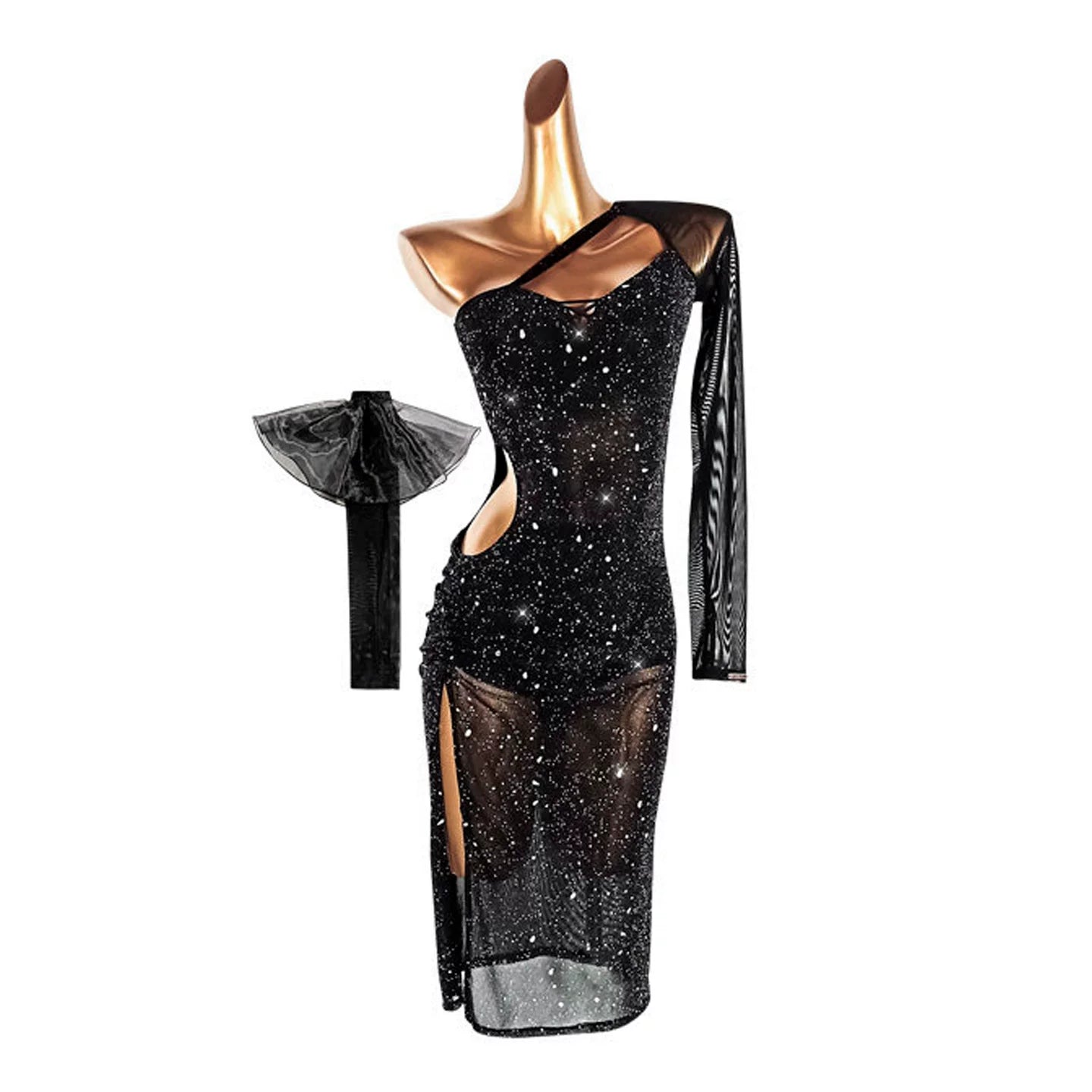 Black Glitter Latin Dance Dress for Women One Shoulder Slant Neck Salsa Ballroom Chacha  Latin Costume