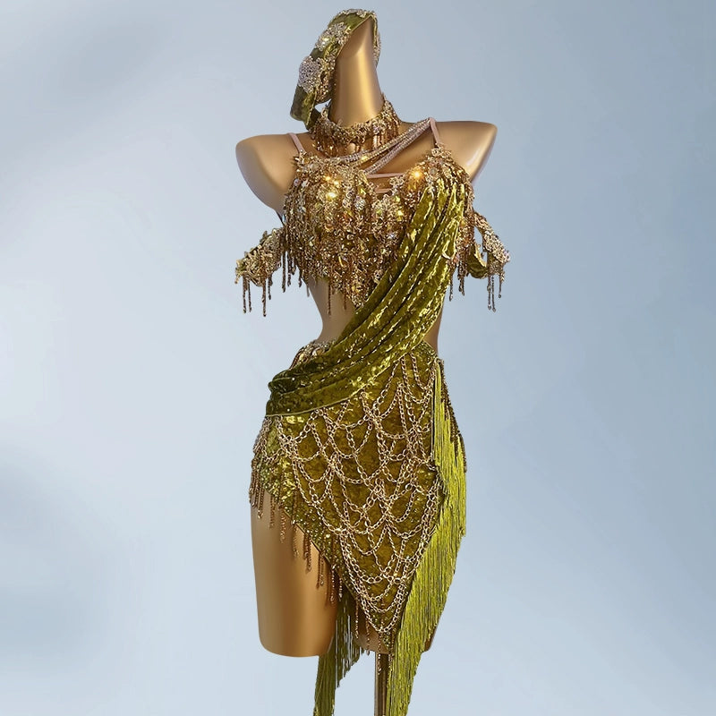Custom Size Dark Green Competition Latin Dance Dresses for Women Girls Salsa Rumba Gold Chain Art Exam Dance Wear