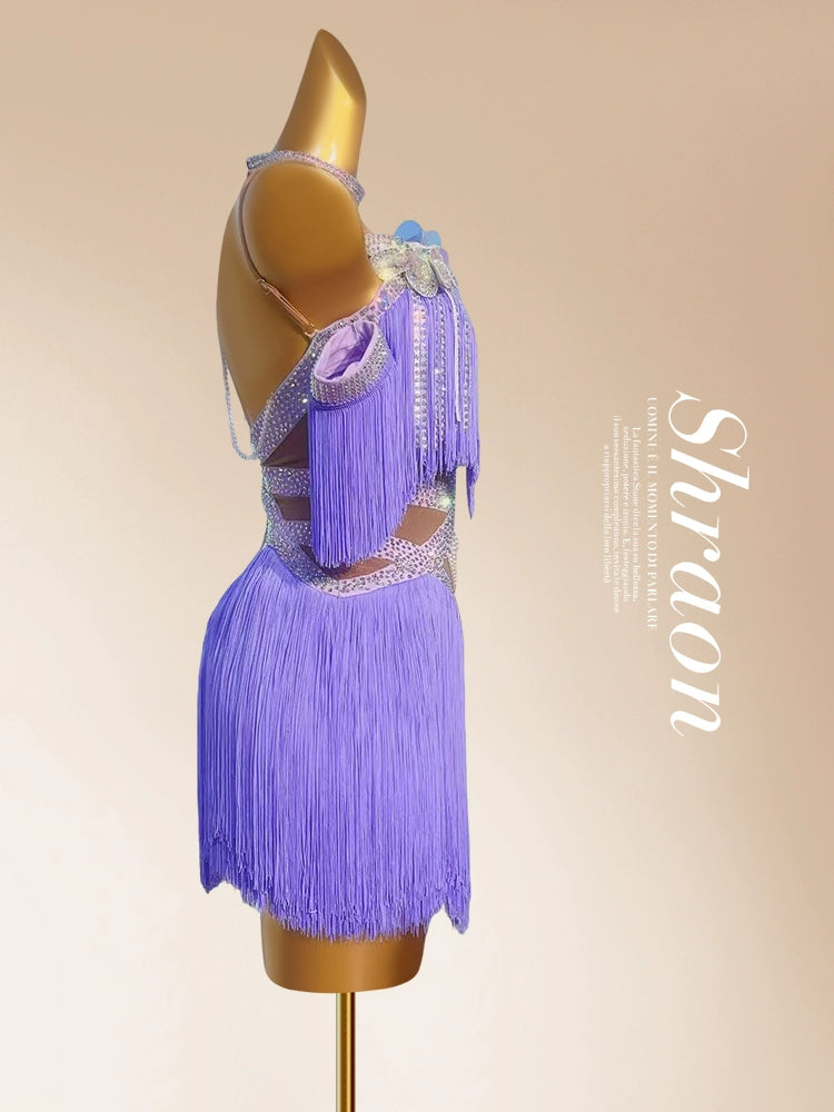 Custom Size Lavender Fringe Latin Dance Dresses Salsa Latin Chacha Professional Dance Costumes for Women Girls
