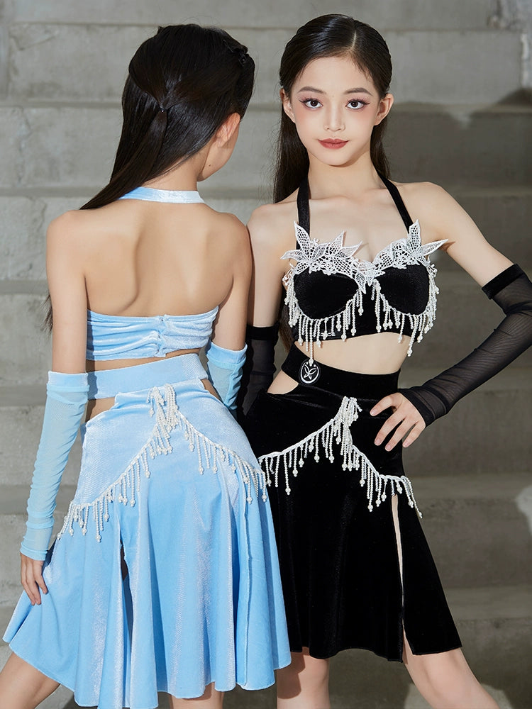 Competition Latin dance dresses for girls kids black blue velvet lace salsa ballroom rumba chacha performance pearl costumes for children - Moderndancedress.com