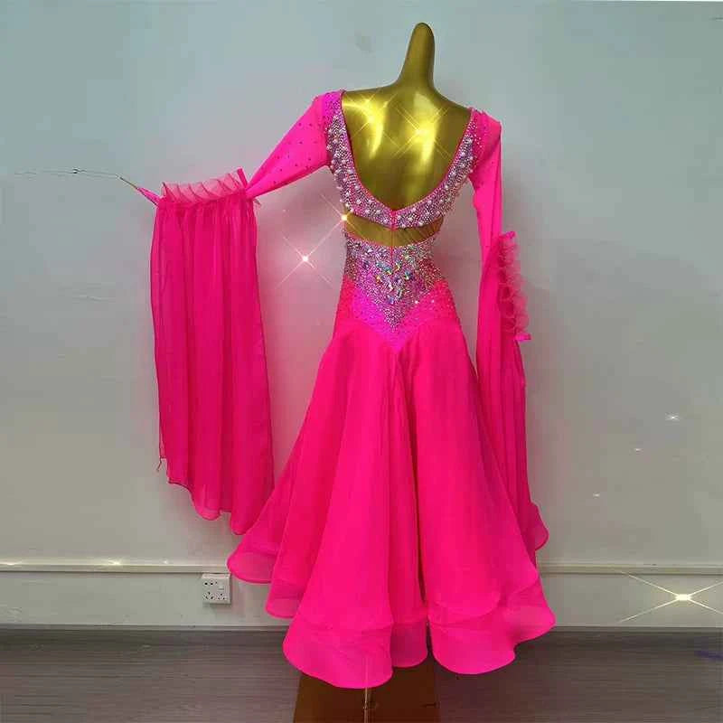 Custom Size Fuchsia Rhinestones Competition Ballroom Dance Dress Waltz Tango Dancing Gown