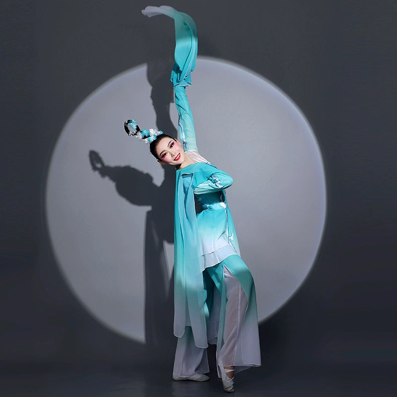 Women chinese folk Water sleeve dance costume blue caiwei dance classical fairy hanfu art test  repertoire performance clothes - Moderndancedress.com