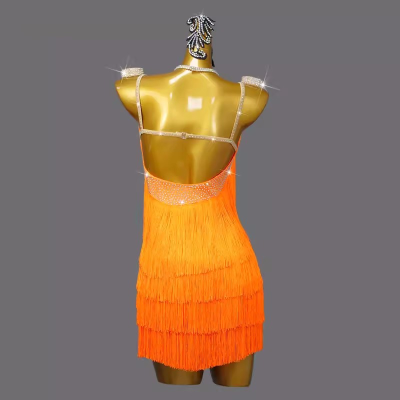 Orange fringe competition latin dance dresses for women girls salsa rumba chacha ballroom dancing skirts for female - Moderndancedress.com