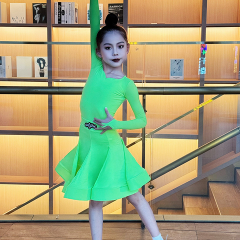 Blue green Latin ballroom dance competition dresses for girls kids salsa rumba chacha  standard dance uniforms - Moderndancedress.com