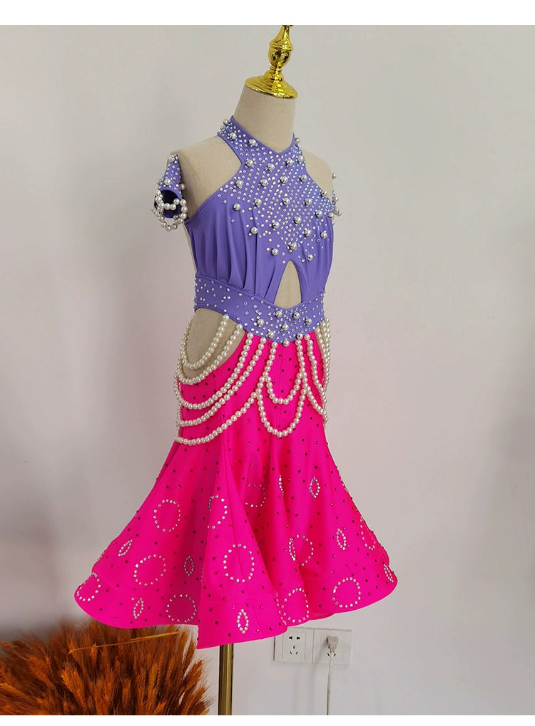 Girls Latin Dance Dresses for Kids Purple Black Pearls Diamond Salsa Rumba Chacha Performance Costumes