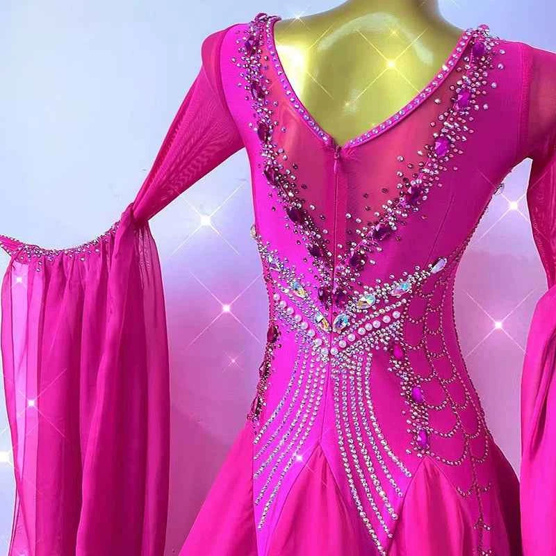 Custom Size Women's Hot Pink Ballroom Dance Dress Rhinestones Smooth Long Sleeves