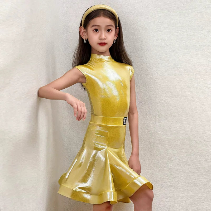 Girls Gold Hot Pink Glitter Latin Dance Dresses Kids Ballroom Salsa Grade Regulations Perform Clothes