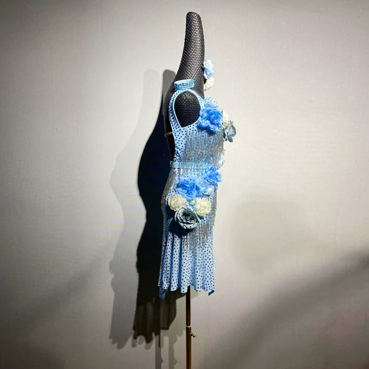 Custom Size Light Blue Latin Dance Dress with 3D Flowers Blackpool Competition Wear