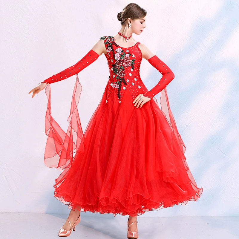 Women ballroom dance competition dresses national red blue purple tango foxtrot smooth waltz dance skirts stage performance gown - Moderndancedress.com