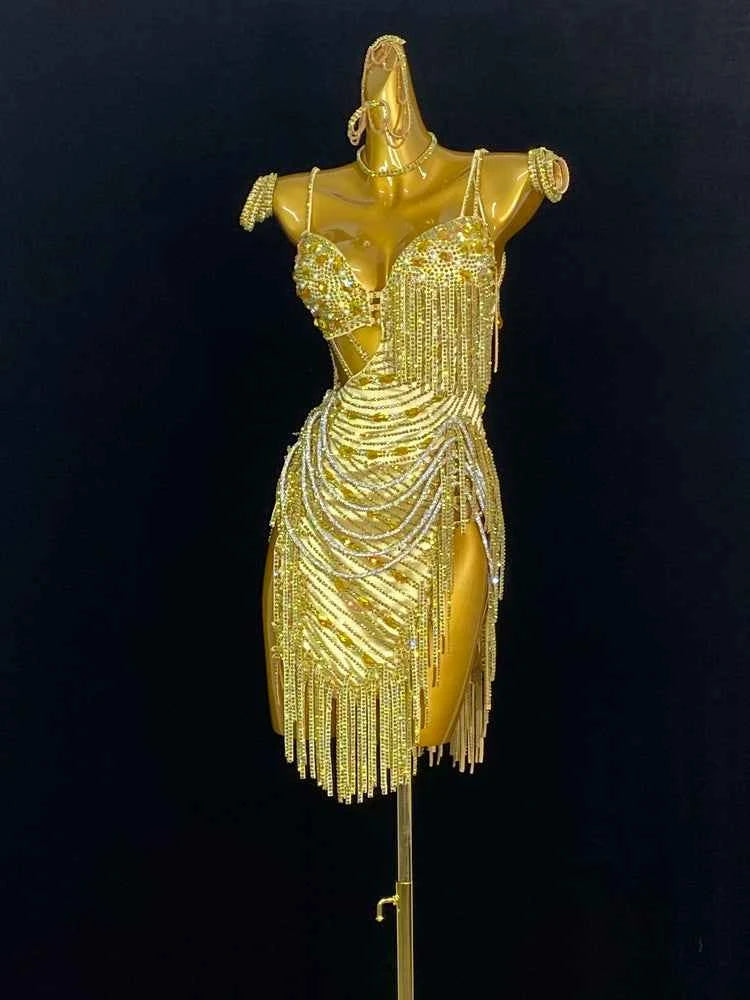 Custom Size Gold Competition Latin Dance Dresses Purple White Gemstones Fringe Salsa Chacha Dance Costumes