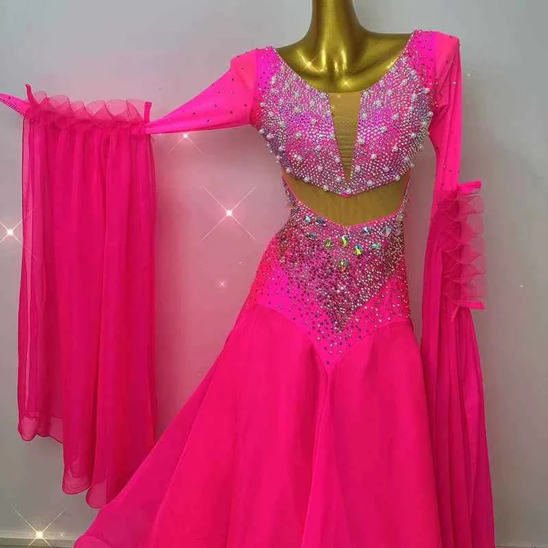 Custom Size Fuchsia Rhinestones Competition Ballroom Dance Dress Waltz Tango Dancing Gown