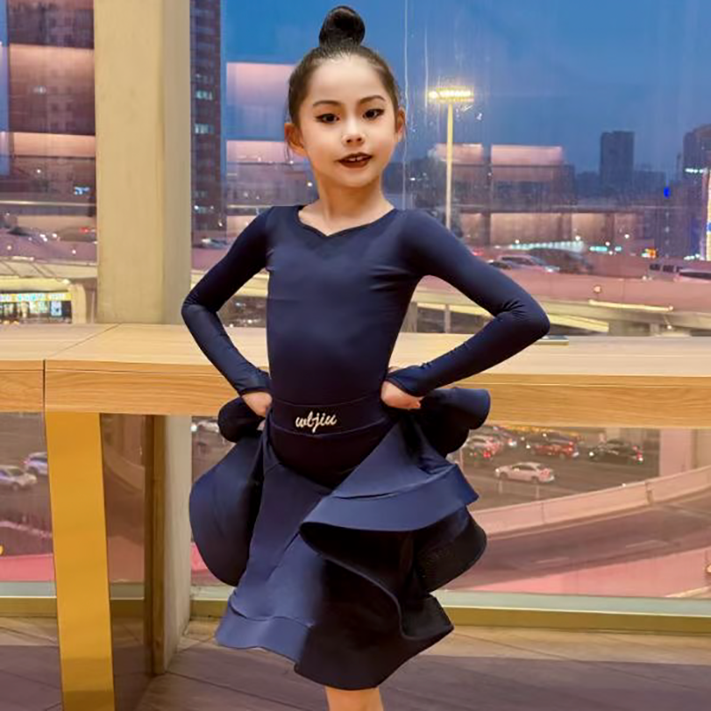 Blue green Latin ballroom dance competition dresses for girls kids salsa rumba chacha  standard dance uniforms - Moderndancedress.com