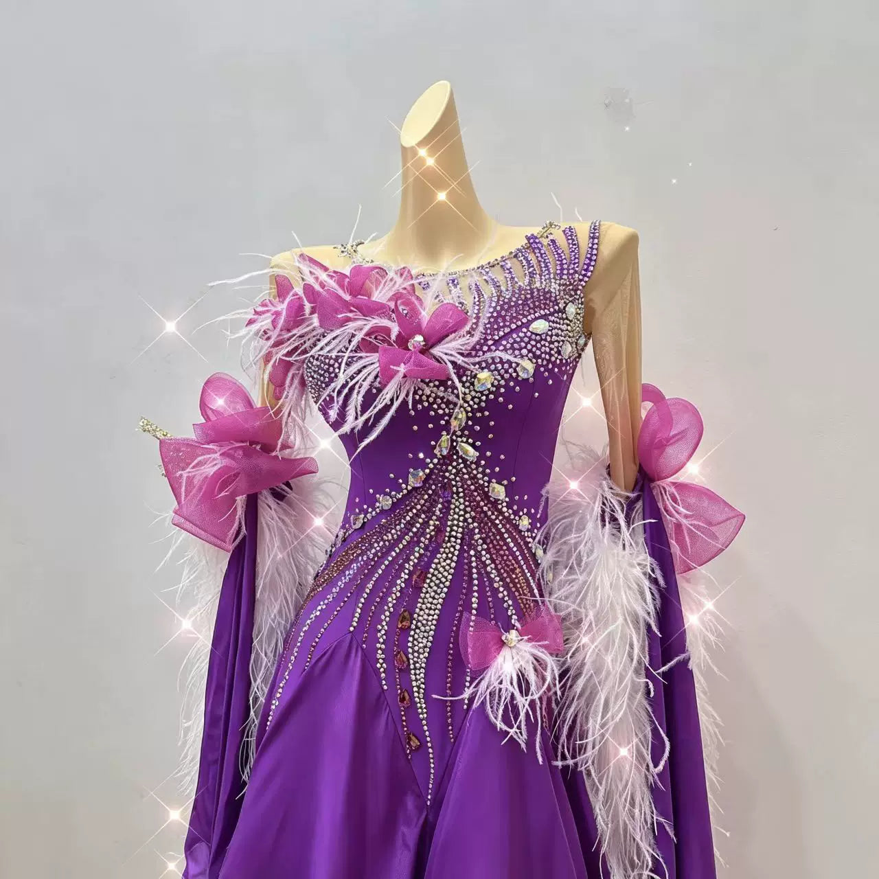 Customized Violet & 3D Pink Bowknot Competition Ballroom Dance Dress