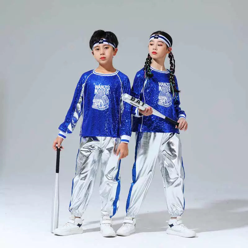 Children's Cheerleading Costumes Silver Blue Sequins Jazz Hip Hop Street Outfit for Girls Boys Opening Ceremony Jazz Dance Outfits for Kids - Moderndancedress.com