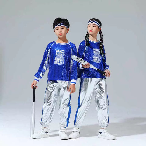 Children's Cheerleading Costumes Silver Blue Sequins Jazz Hip Hop Street Outfit for Girls Boys Opening Ceremony Jazz Dance Outfits for Kids - Moderndancedress.com