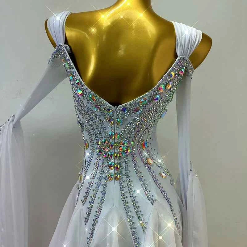 Custom Size Diamond White Competition Ballroom Dance Dresses for Women Girla Waltz Tango Performance Long Gown