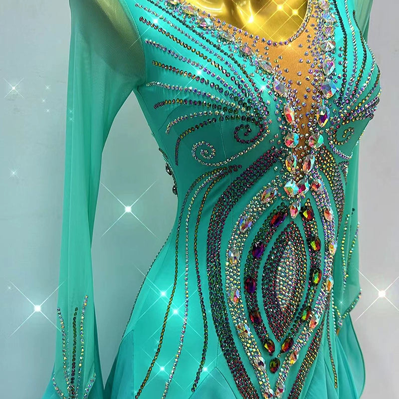 Custom Size Green Ballroom Dance Dresses for Women Girls Waltz Tango Smooth Foxtrot Rhythm National Standard Dance Gown