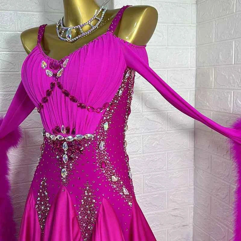 Custom Size Fuchsia Competition Ballroom Dance Dresses for Women Girls Rabbit Fur Floating Waltz Tango Dance Long Gown