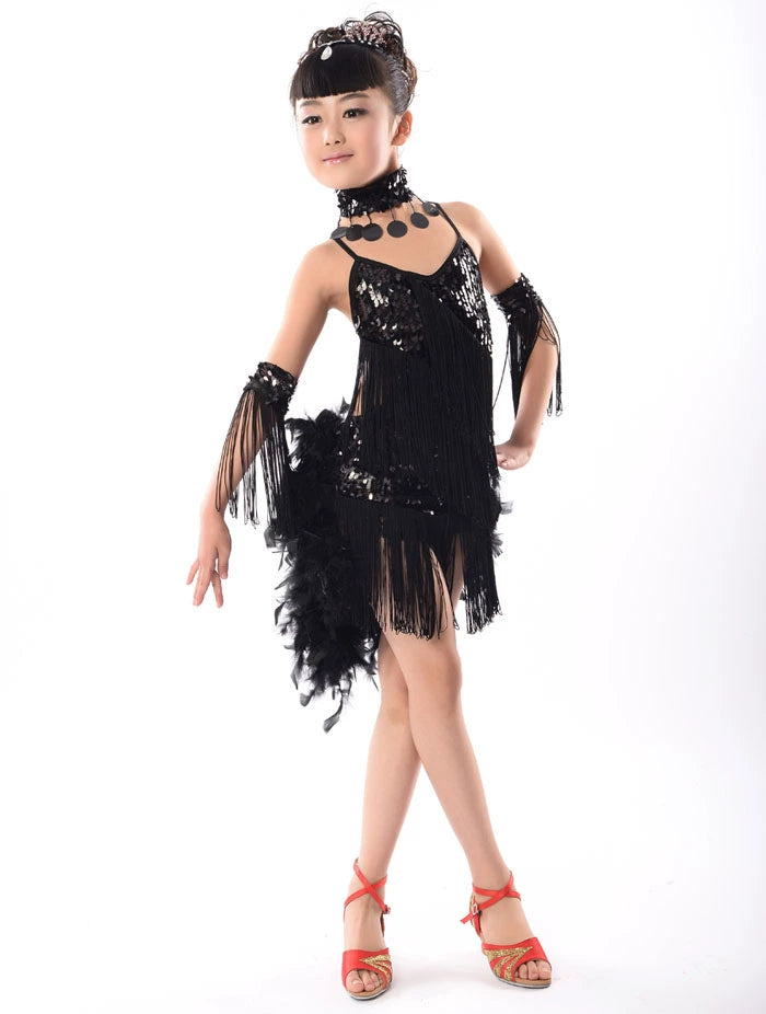 Girls sequin tassels Latin Dance Dresses Children's feather Latin skirt performance clothes girls' sequins fringe Latin dance