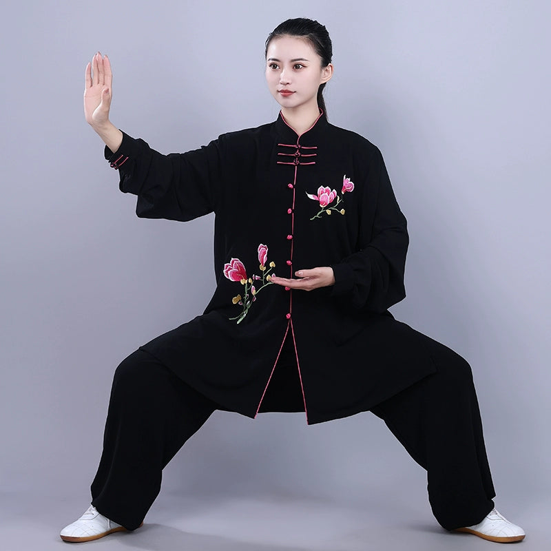 Black Flowers Tai Chi Clothing for Women Chinese Cotton Breathable Kungfu Uniforms Wushu Martial Arts Performance Clothes