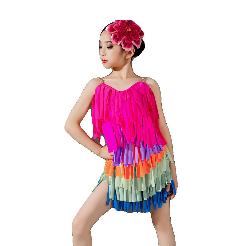 Children rainbow fringe competition Latin dance dresses kids girls ballroom salsa rumba chacha  performance clothes - Moderndancedress.com
