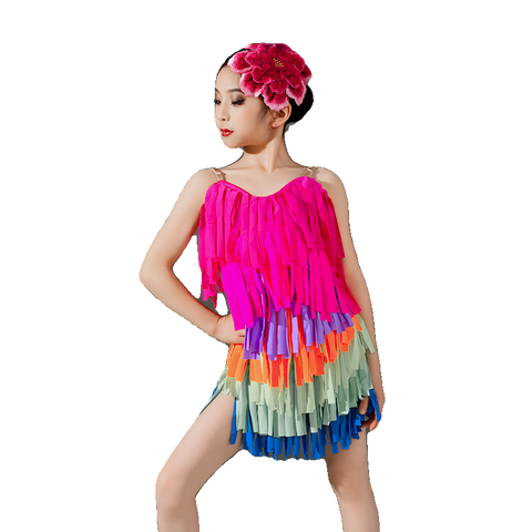 Children rainbow fringe competition Latin dance dresses kids girls ballroom salsa rumba chacha  performance clothes - Moderndancedress.com