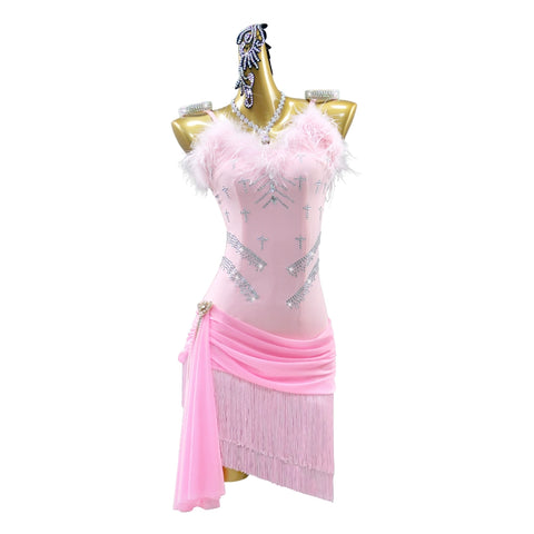 Pink Feather Fringe Latin Dance Dress for Women Girls Kids Latin Salsa Chacha Rumba Competition Performance Costume - Moderndancedress.com