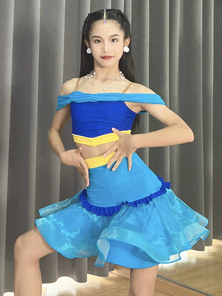 Blue yellow children's Latin dance dance dresses salsa ballroom performance skirts off-the-shoulder practice outfits for kids - Moderndancedress.com