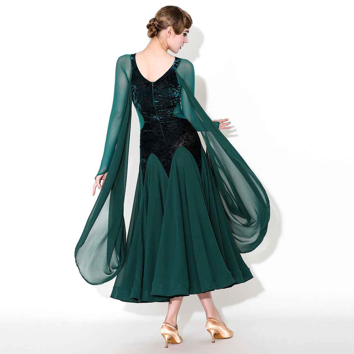 Wine Dark Green Ballroom Dance Dresses for Women Girls Float Sleeves Waltz Tango Foxtrot Smooth Dance Long Gown - Moderndancedress.com